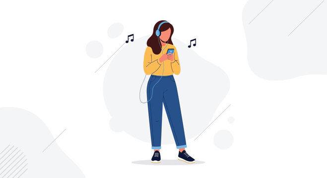 Young Woman Listening to Music on Phone with Headphones, Enjoying Melody