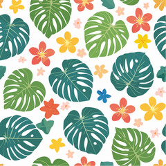 Seamless vector pattern with large tropical leaves and flowers for textile design