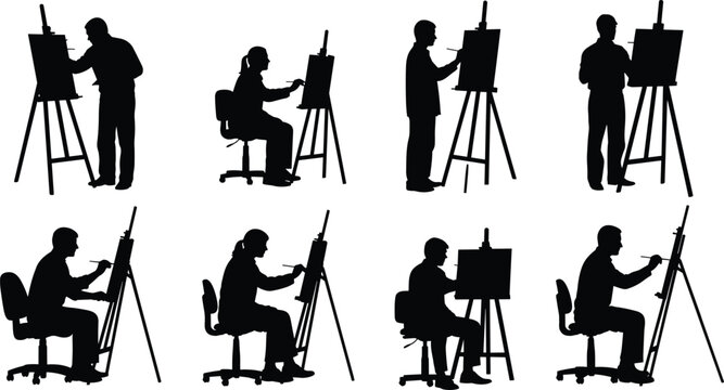 Artist painting on canvas silhouettes collection, painters working with easel drawing artwork poses set, creative people art studio silhouettes isolated for design