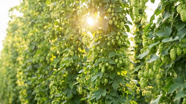 Hop plants thrive under bright sunlight in vast outdoor field. Natural setting with green foliage and bright atmosphere. Concept of agriculture, crop production, farming