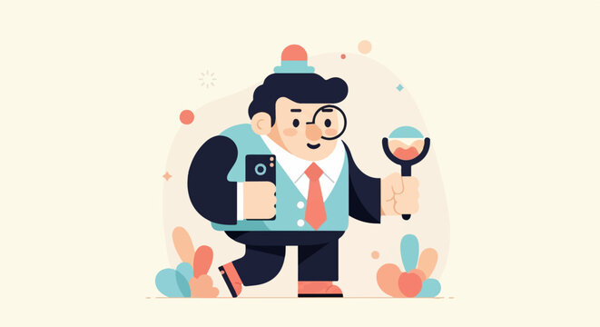 Curious cartoon detective examines evidence with magnifier and phone