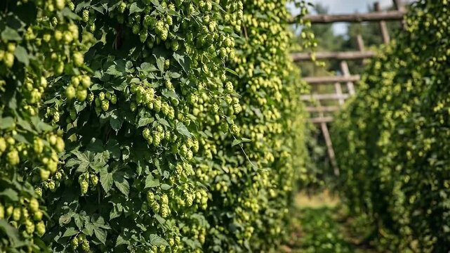 Rows of green hop plants stretch under clear blue sky in farm setting. Bright sunlight highlights healthy crops. Concept of agriculture, brewing, farming