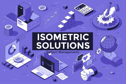Isometric business icons for project management and office work. Thin line vector illustration of digital technology, financial data, teamwork and communication concept in purple style.