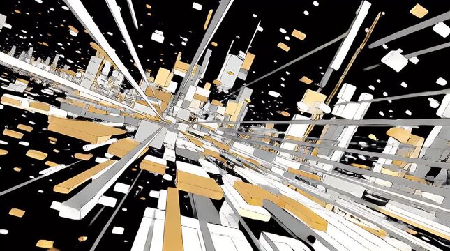 Abstract architectural cityscape illustration with a dynamic perspective showcasing modern buildings and structures against a stark black background for a futuristic feel