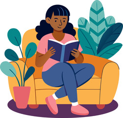 cozy home lifestyle, girl reading book on sofa with plant decoration, flat vector illustration, white background