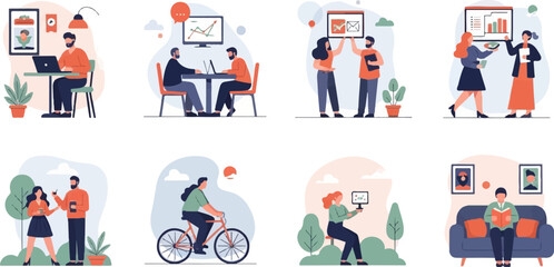 Colleagues collaborate, cycle, and relax in illustrative business scenes