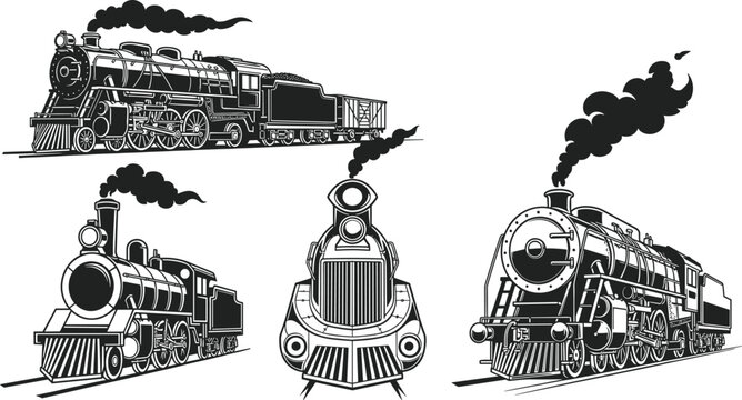 Vintage Steam Train Locomotive Vector Illustration Set Featuring Retro Railway Engines with Smoke on Tracks for Antique Transport Design Elements