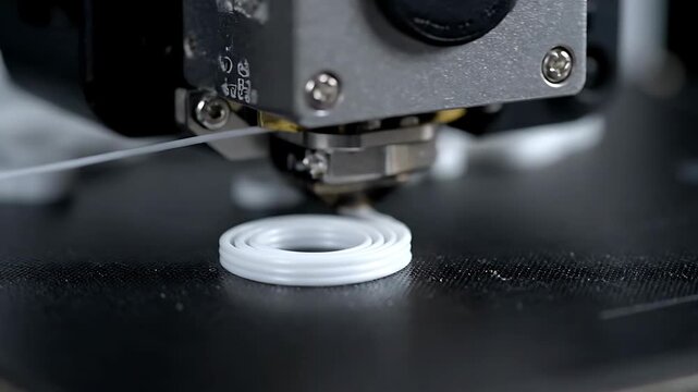 Close Up Macro Shot of FDM 3D Printer Nozzle Extruding White Filament