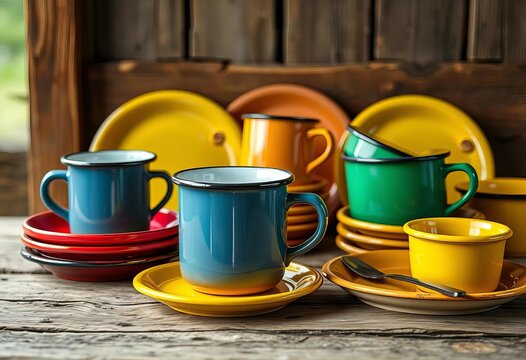 Vibrant enamelware camping mugs, plates, bowls in a rustic setting,   sunset,   river