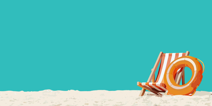 A beach chair and life preserver rest on a sandy shore