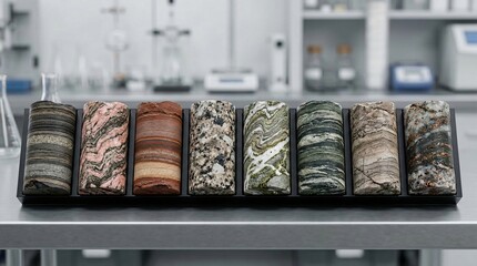 Geological Core Sample Sections Showing Mineral Layers From Mining Exploration