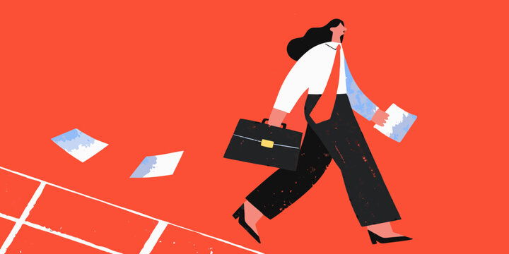 A businesswoman walks with papers blowing around her in a vibrant scene