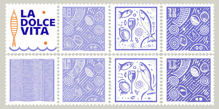 A collection of postage stamps with italian coastal and food imagery