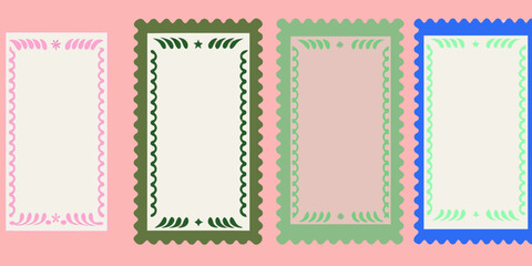 Four decorative postage stamp frames in pink green and blue hues