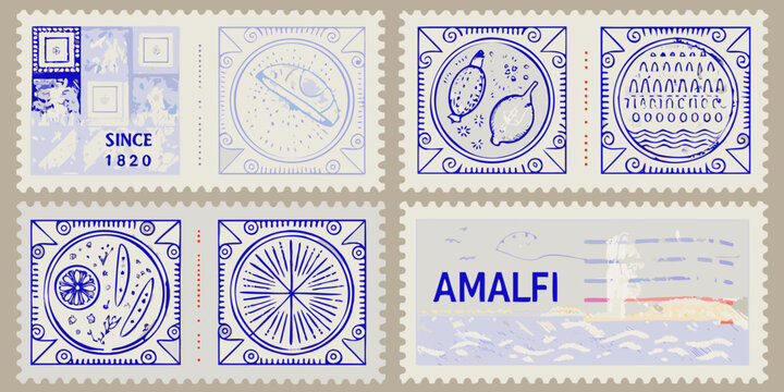 Collection of vintage style postage stamps with intricate blue illustrations