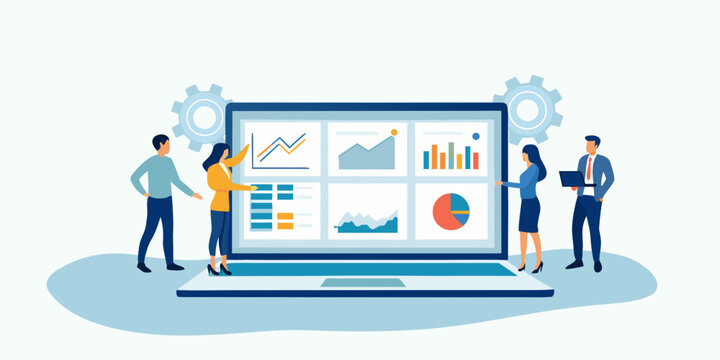 Team analyzing data visualizations on a large computer screen