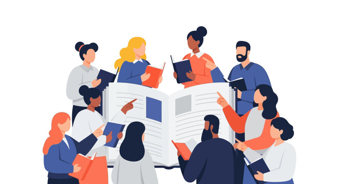 Diverse Team Collaborating on Knowledge Sharing and Learning Around a Giant Open Book - Education & Research Concept