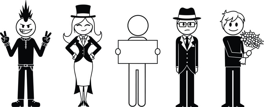 Set of diverse stick figure characters including a punk rocker, magician woman, person holding sign, businessman, and man with flowers.