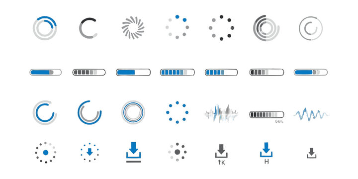 Loading icon set. Buffer loader or preloader. Download or Upload. Collection of simple web download. Vector illustration. 