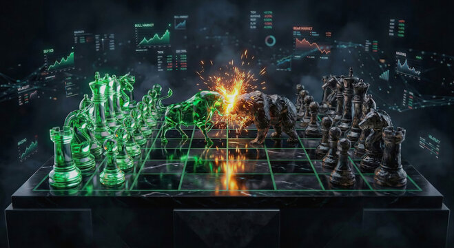 A symbolic chess match between a bull and a bear on a marble board, with financial charts in the background.