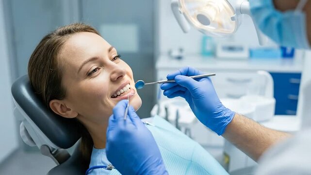 Woman sits in dental chair undergoing examination. Bright dental office setup features dental professionals assisting. Concept of dental care, oral health, dentistry