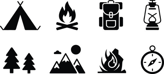 Camping adventure icons pack with tent and fire © Faruque