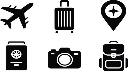 Fototapeta premium Travel icons collection - airplane, passport, camera, location pin