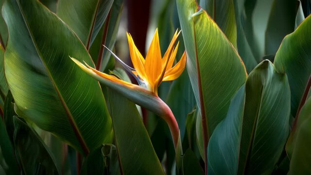 Vibrant Close-Up of Yellow Bird of Paradise Flower Emerging from Lush Green Leaves in Natural Lighting