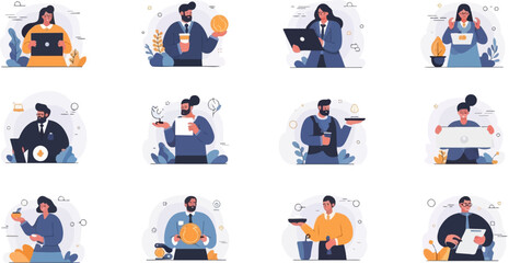 Fototapeta premium Diverse business professionals interacting with technology, drinks, and financial symbols