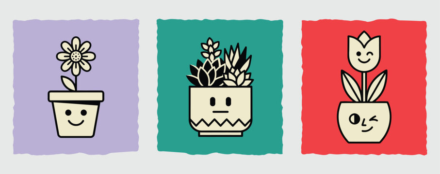 Kawaii Potted Plants and Flowers Flat Vector Illustration Set