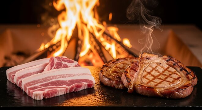 Grilled Meat Feast - Sizzling Steaks and Bacon by the Fire.