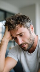 Obraz premium Chronic stress. Man suffering from chronic stress. Mental exhaustion and low productivity. Burnout and emotional fatigue. Workplace pressure and overload. Mental health struggle concept. Copy space.