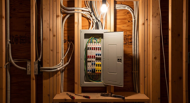 Electrical panel with open door revealing circuit breakers and wiring.