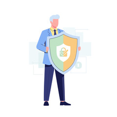 Businessman Holding Shield with Lock and Checkmark Icon, Security and Protection Concept