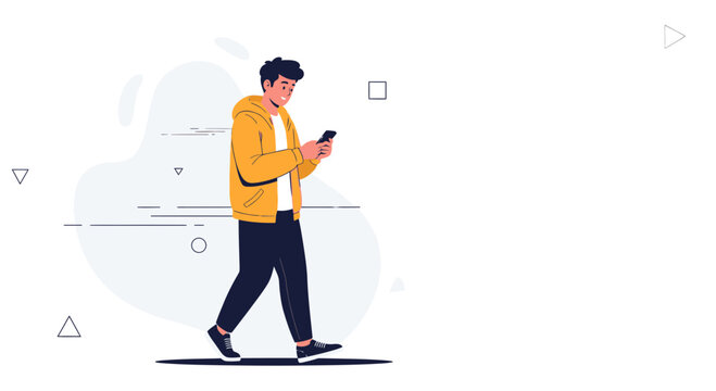 Young man in yellow jacket walking and using smartphone, flat design illustration