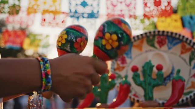 Hand shaking colorful maraca during traditional mexican fiesta