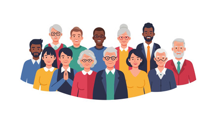 Obraz premium Diverse Group of Senior Citizens and Older Adults, Multi-Ethnic Community, Happy Mature Men and Women, Social Inclusion, Vector Illustration