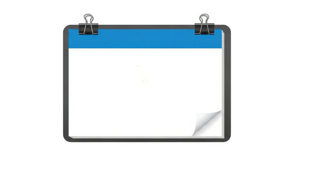 A rectangular blank paper sign held by two black binder clips with a blue header design element