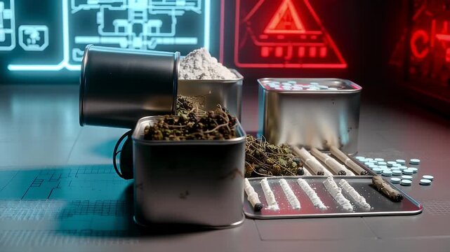 Drug Manufacturing And Substance Abuse Concept With Tobacco Powder And Pills