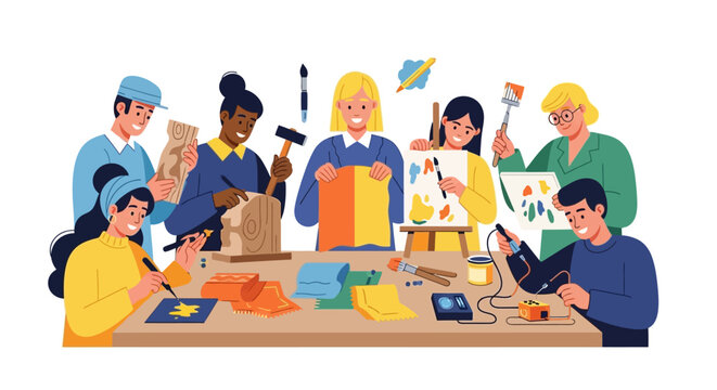 Diverse Adults Engaging in Creative Arts & Crafts Workshop: Painting, Wood Carving, Textiles, and Pyrography Hobbies