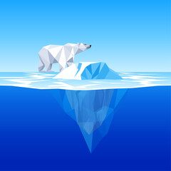Minimalist flat vector illustration of a low poly polar bear on an iceberg, climate change and arctic wildlife concept with underwater view. © Keepes