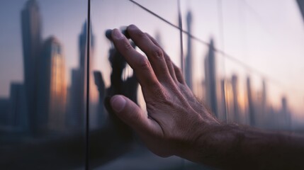 Human hand touching reflective glass wall with blurred city skyline at sunset, urban architecture reflection creating modern technology concept.