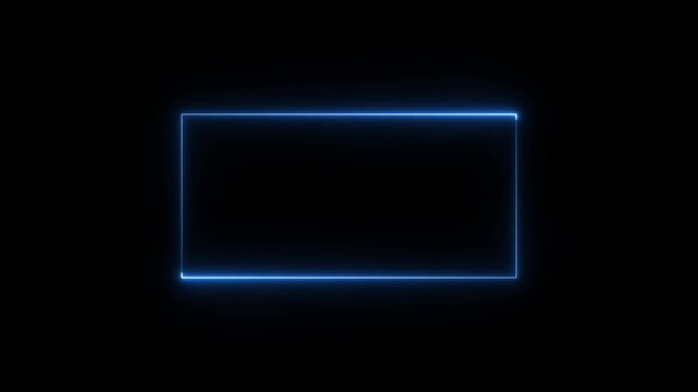 Blue neon rectangle frame with broken corners on black background light