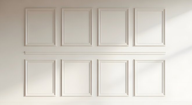 white wall with empty picture frames, interior design, home decor