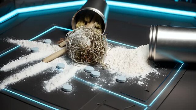 Various illicit drugs including white powder, cannabis, and blue pills spilled on a dark, futuristic surface with neon lights.