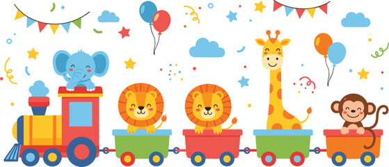 Cute cartoon animal train vector illustration with elephant, lions, giraffe and monkey in colorful circus train, kids nursery design, playful birthday theme © Jahangir