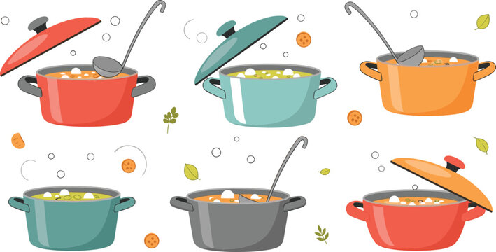 Cooking pots with soup vector illustration set, colorful kitchen cookware with ladle and ingredients, homemade food preparation concept for culinary design