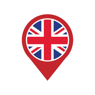 United Kingdom (British) flag location pin icon vector illustration, flag application, Flag on Location Pin, UK map pointer. Ideal for travel, navigation, and British identity-themed designs.