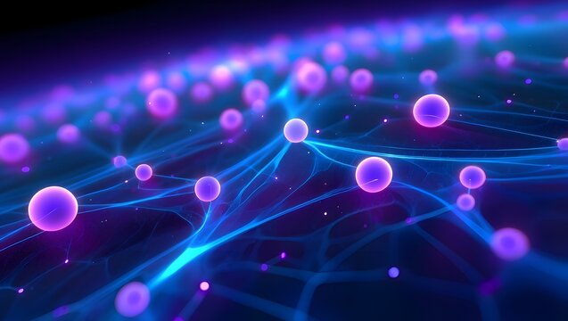 A vibrant digital illustration of glowing purple and blue orbs connected by neon lines on a dark background
