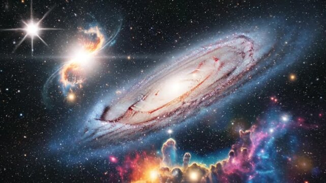 Breathtaking celestial panorama showcasing a magnificent spiral galaxy, vibrant nebulae, and distant stars illuminating the profound depths of the cosmos